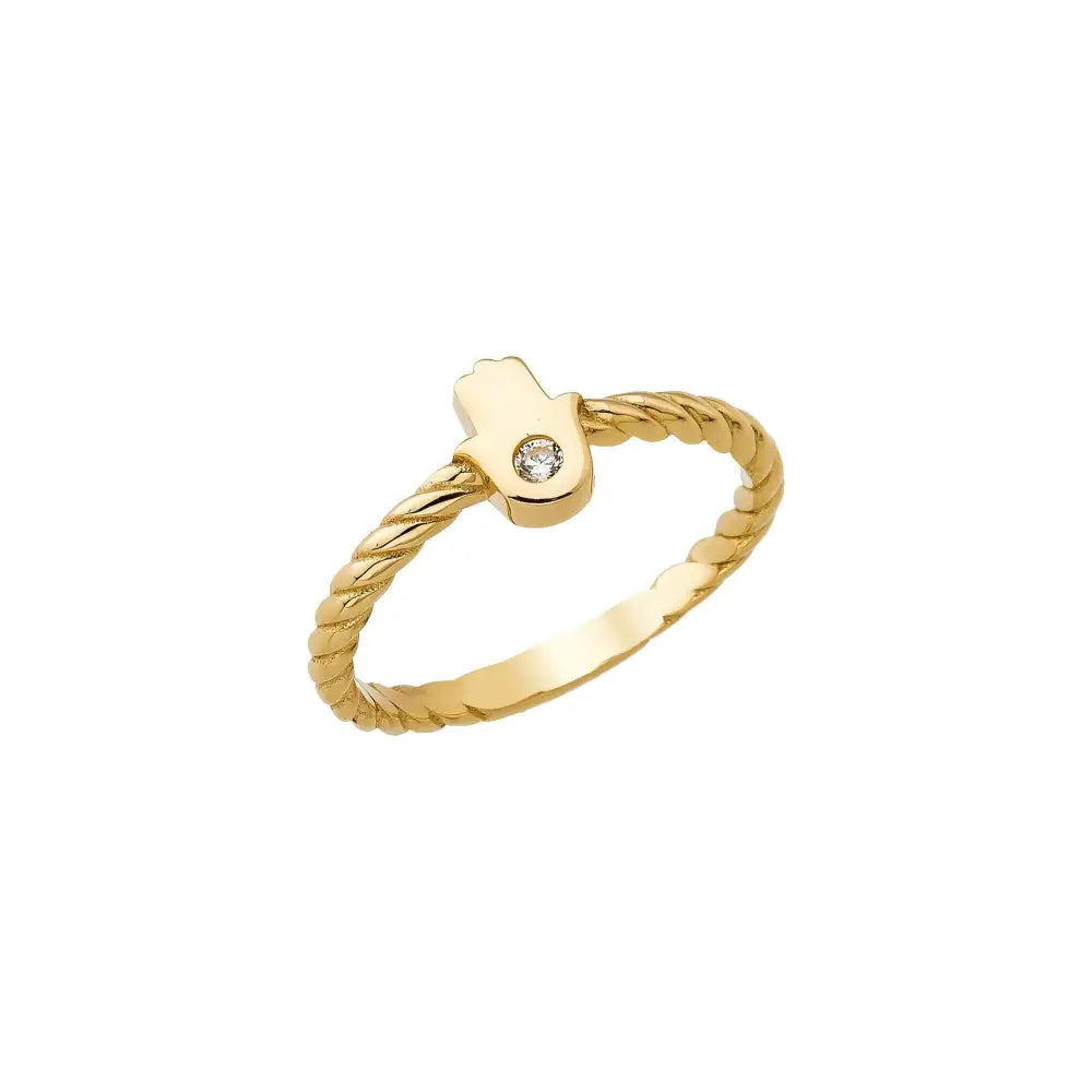 14K Handmade Gold Twisted Rope Ring with Hamsa and Diamond Protection Jewelry for Women