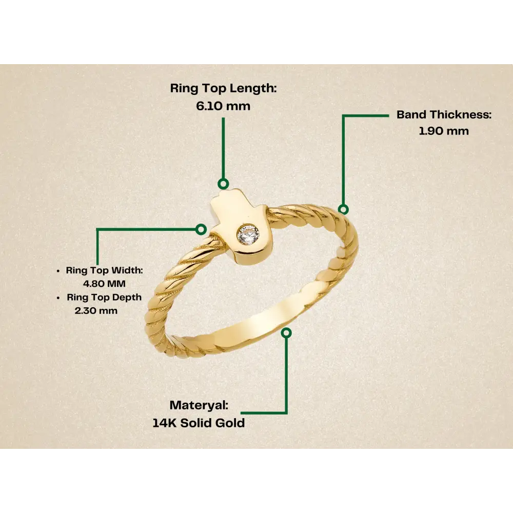 14K Handmade Gold Twisted Rope Ring with Hamsa and Diamond Protection Jewelry for Women