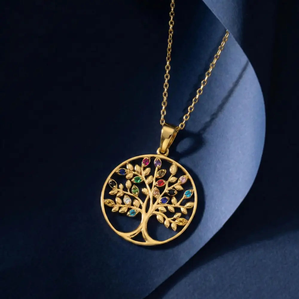 14K Handmade Solid Gold Tree Of Life Necklace With Multicolor Gemstones Meaningful Pendant - Jewelry