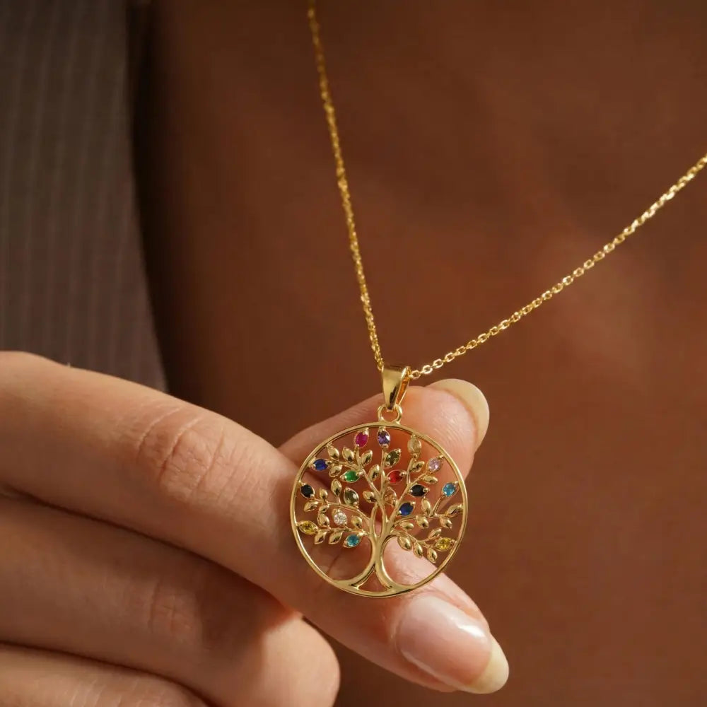 14K Handmade Solid Gold Tree Of Life Necklace With Multicolor Gemstones Meaningful Pendant - Jewelry