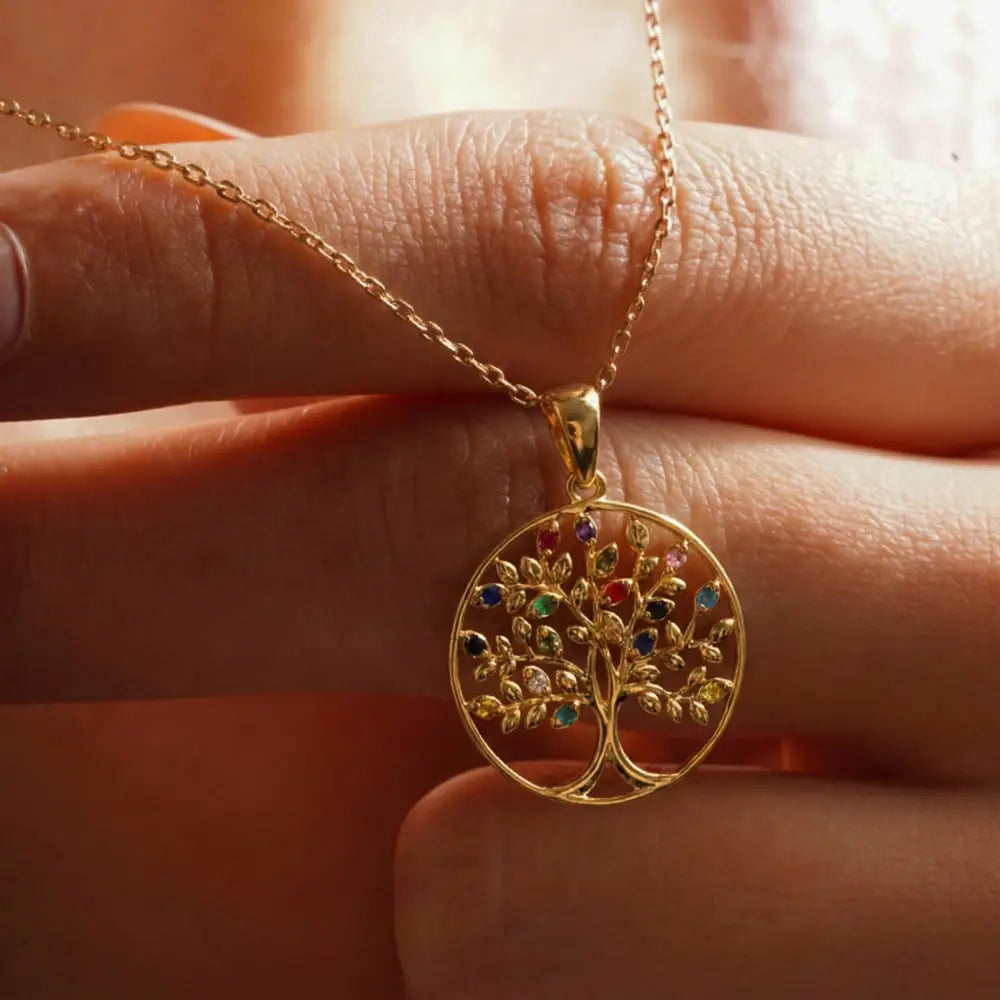 14K Handmade Solid Gold Tree Of Life Necklace With Multicolor Gemstones Meaningful Pendant - Jewelry