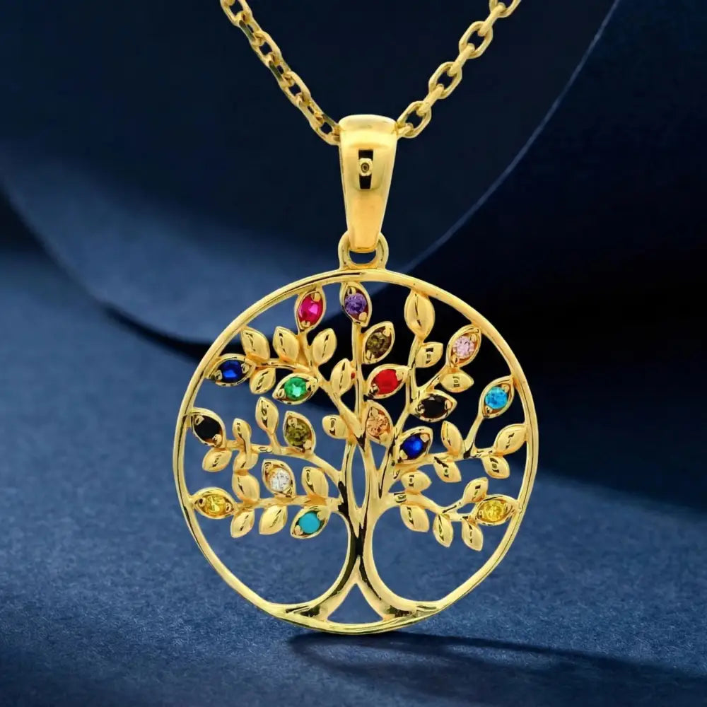 14K Handmade Solid Gold Tree Of Life Necklace With Multicolor Gemstones Meaningful Pendant - Jewelry