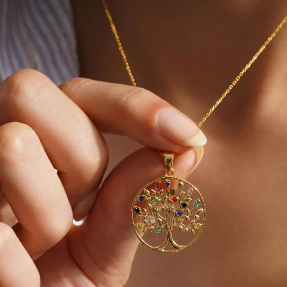 14K Handmade Solid Gold Tree Of Life Necklace With Multicolor Gemstones Meaningful Pendant - Jewelry
