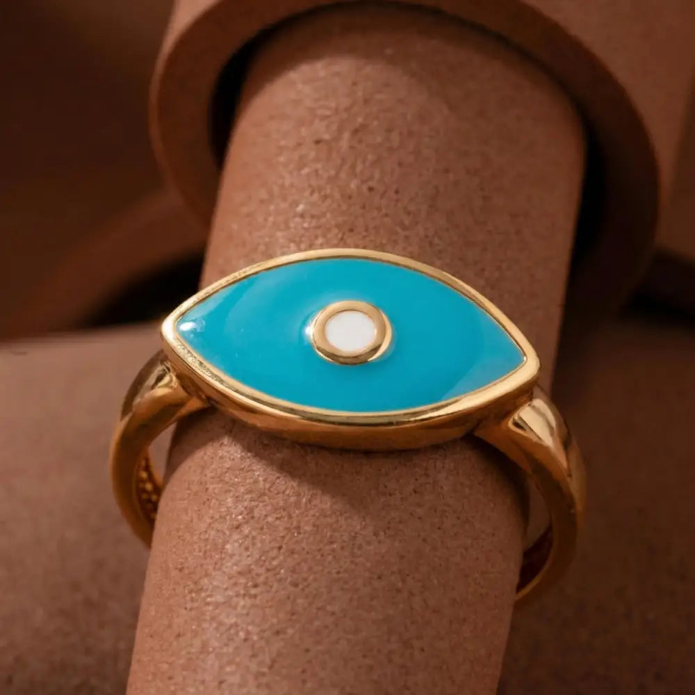 14K Handmade Turquoise Evil Eye Ring Modern Marquise Protection Band with Enamel Detail