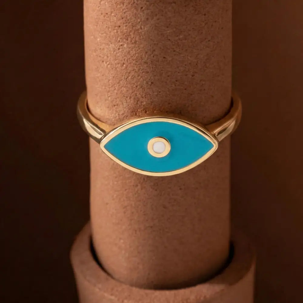14K Handmade Turquoise Evil Eye Ring Modern Marquise Protection Band with Enamel Detail