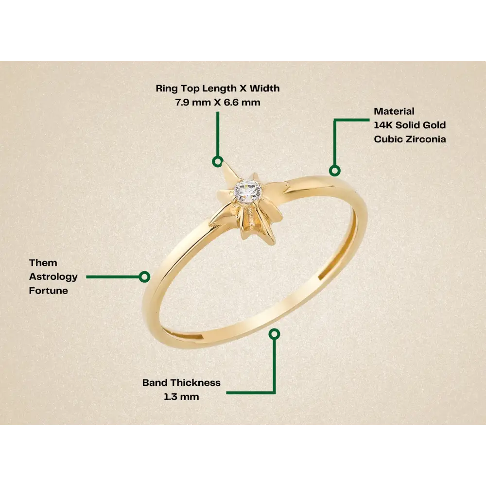 14K North Star Gold Ring Dainty Eight-Point Starburst Design with Sparkling Center Stone