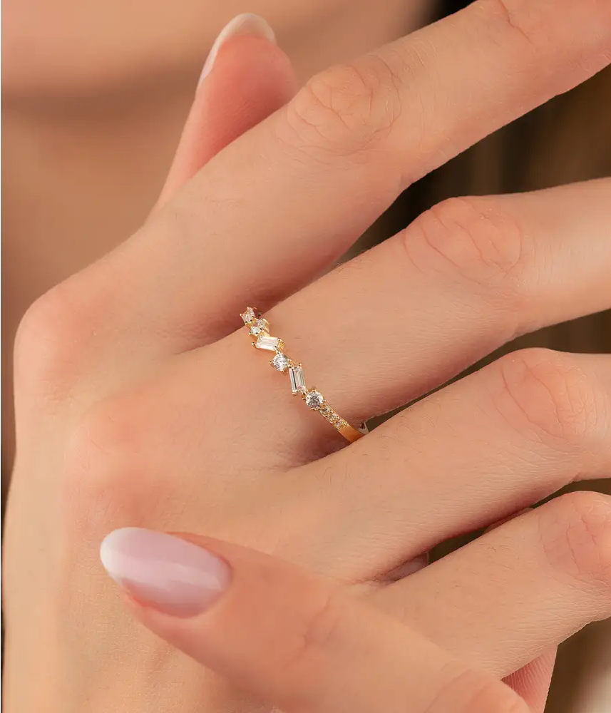 14K Solid Gold Baguette and Round CZ Halfway CrissCross Band - Rings