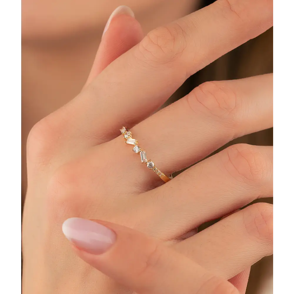 14K Solid Gold Baguette and Round CZ Halfway CrissCross Band - Rings