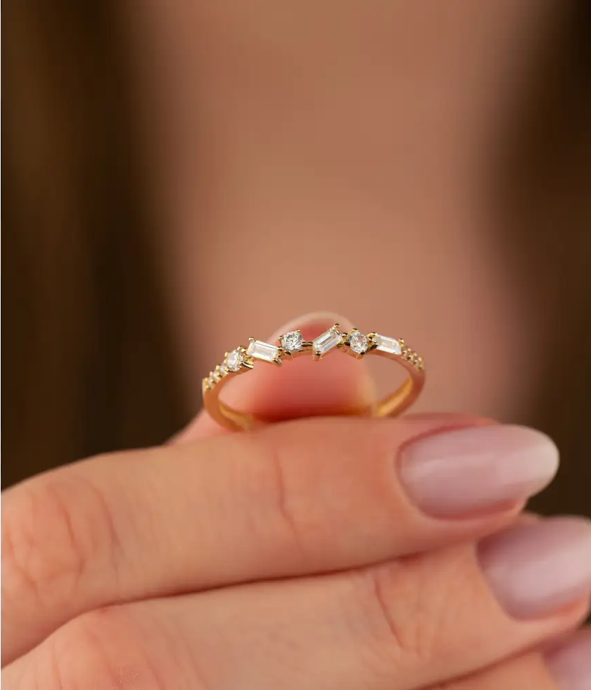 14K Solid Gold Baguette and Round CZ Halfway CrissCross Band - Rings