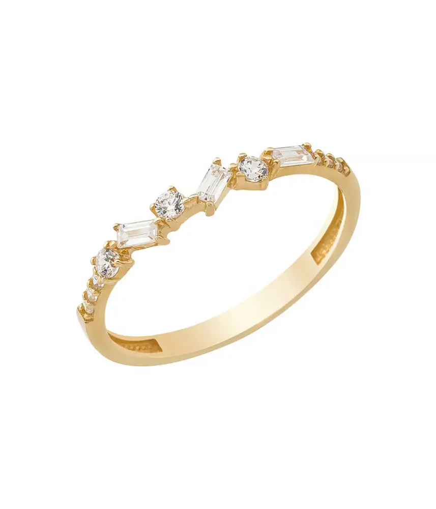 14K Solid Gold Baguette and Round CZ Halfway CrissCross Band - Rings