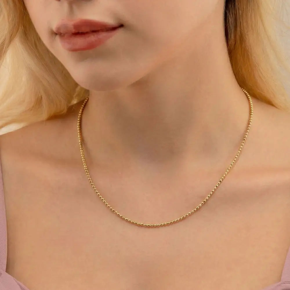 14K Solid Gold Beaded Chain 1-1.15-1.5mm 18 inch Satellite Necklace Dainty Ball Link Choker Real Gold Layering Chain