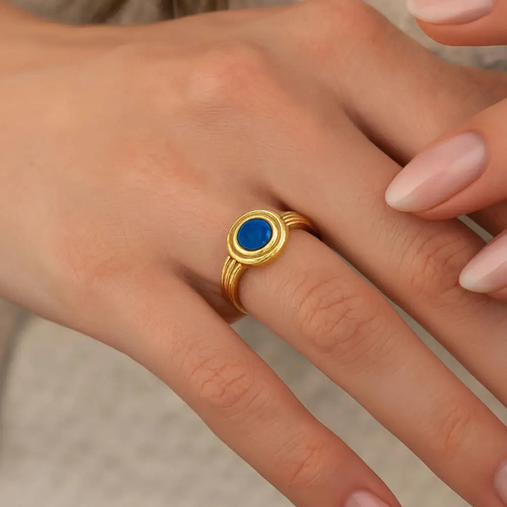 14K Solid Gold Bezel Sapphire Signet Ring September Birthstone