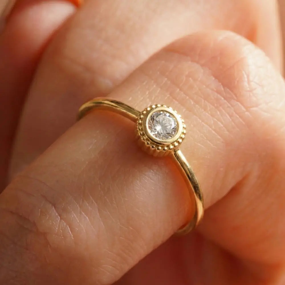 14K Solid Gold Bezel Set Ring Minimal Diamond Thin Gold Band for Everyday Jewelry