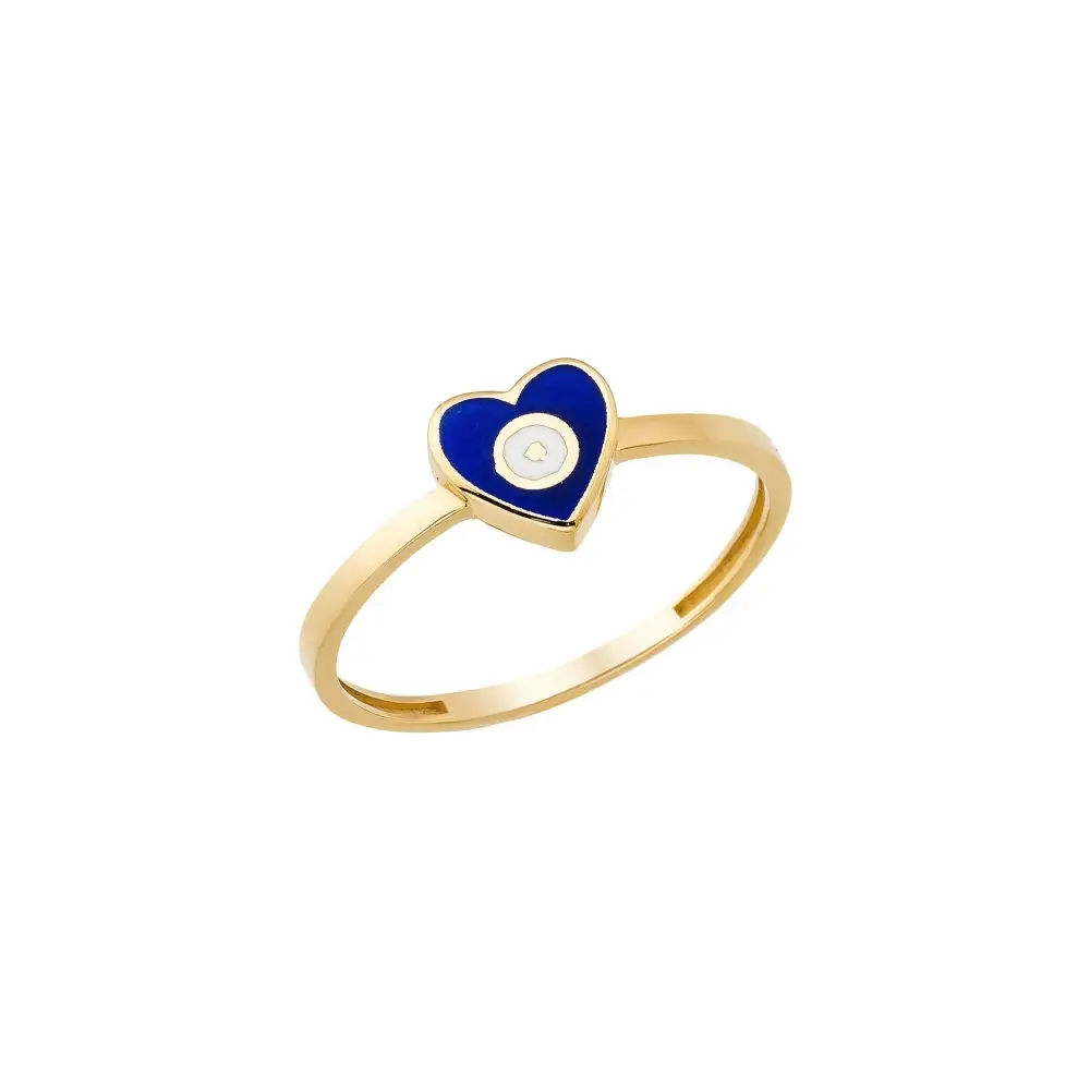 14K Solid Gold Blue Evil Eye Heart Ring Enamel Signet