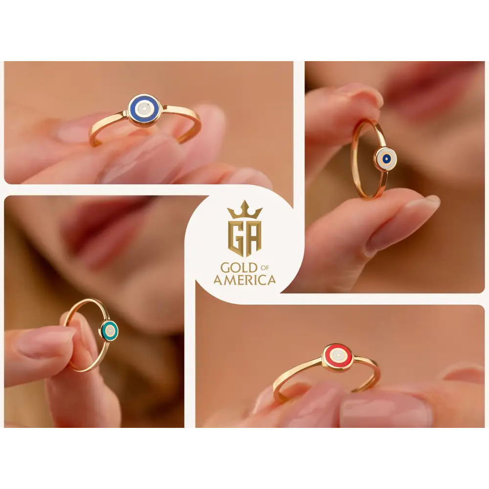 14K Solid Gold Blue Evil Eye Ring Enamel Signet Ring for Women