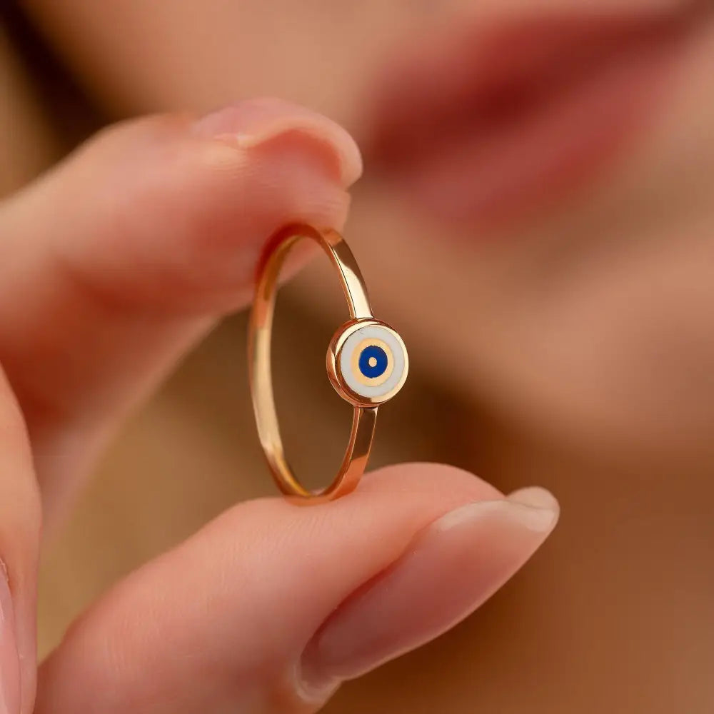 14K Solid Gold Blue Evil Eye Ring Enamel Signet Ring for Women