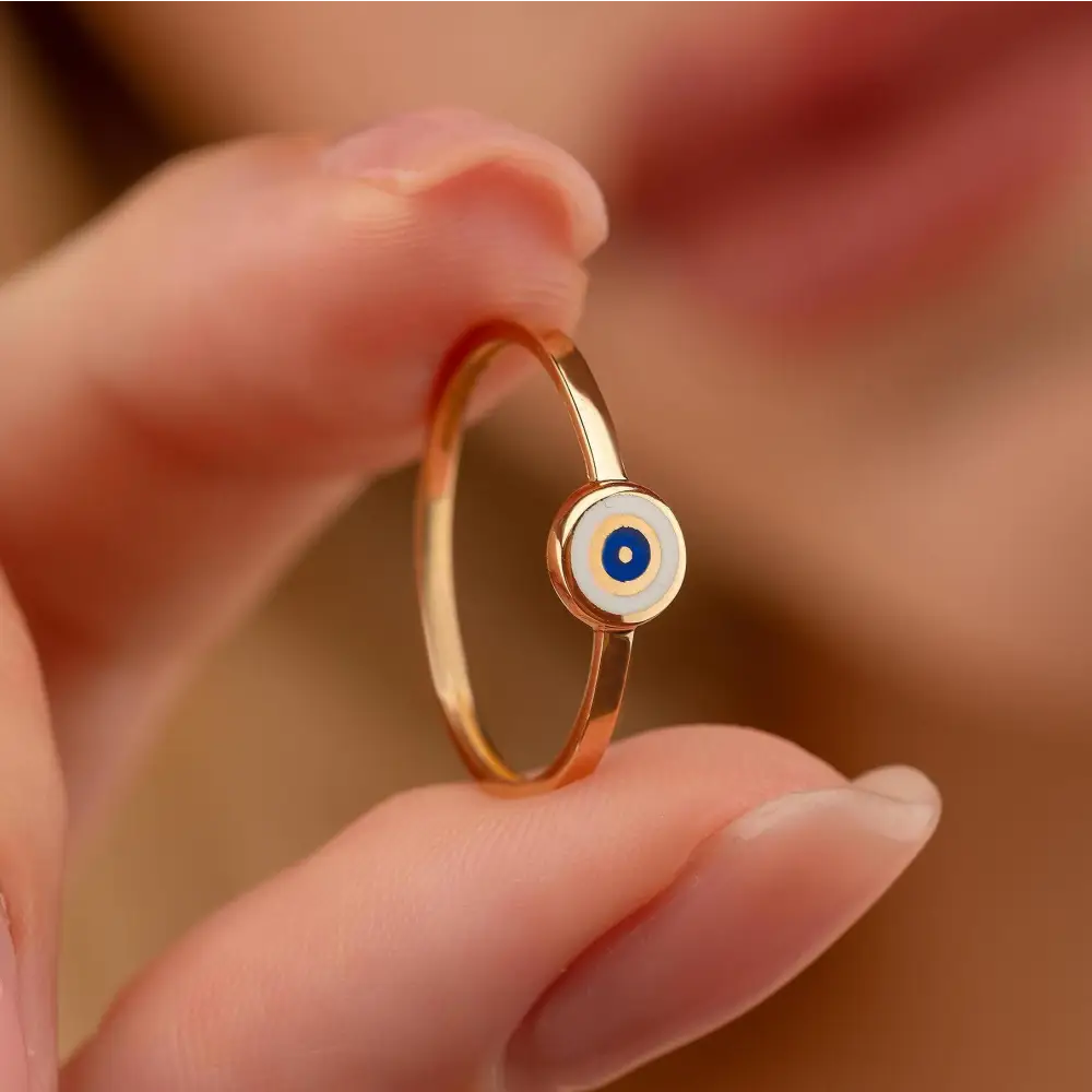 14K Solid Gold Blue Evil Eye Ring Enamel Signet Ring for Women