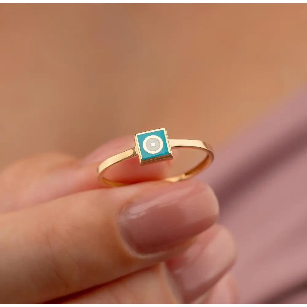 14K Solid Gold Blue Evil Eye Signet Ring Square Enamel Band