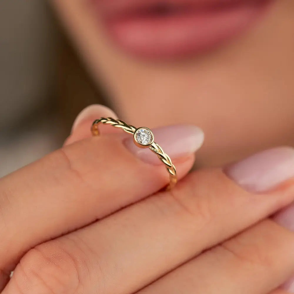 14K Solid Gold Braided Wedding Band Bezel Set CZ Engagement Ring Women