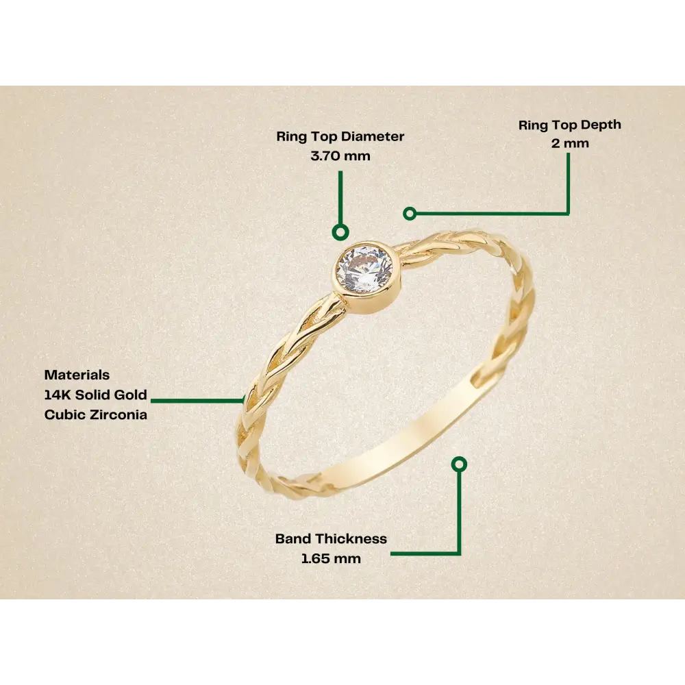 14K Solid Gold Braided Wedding Band Bezel Set CZ Engagement Ring Women