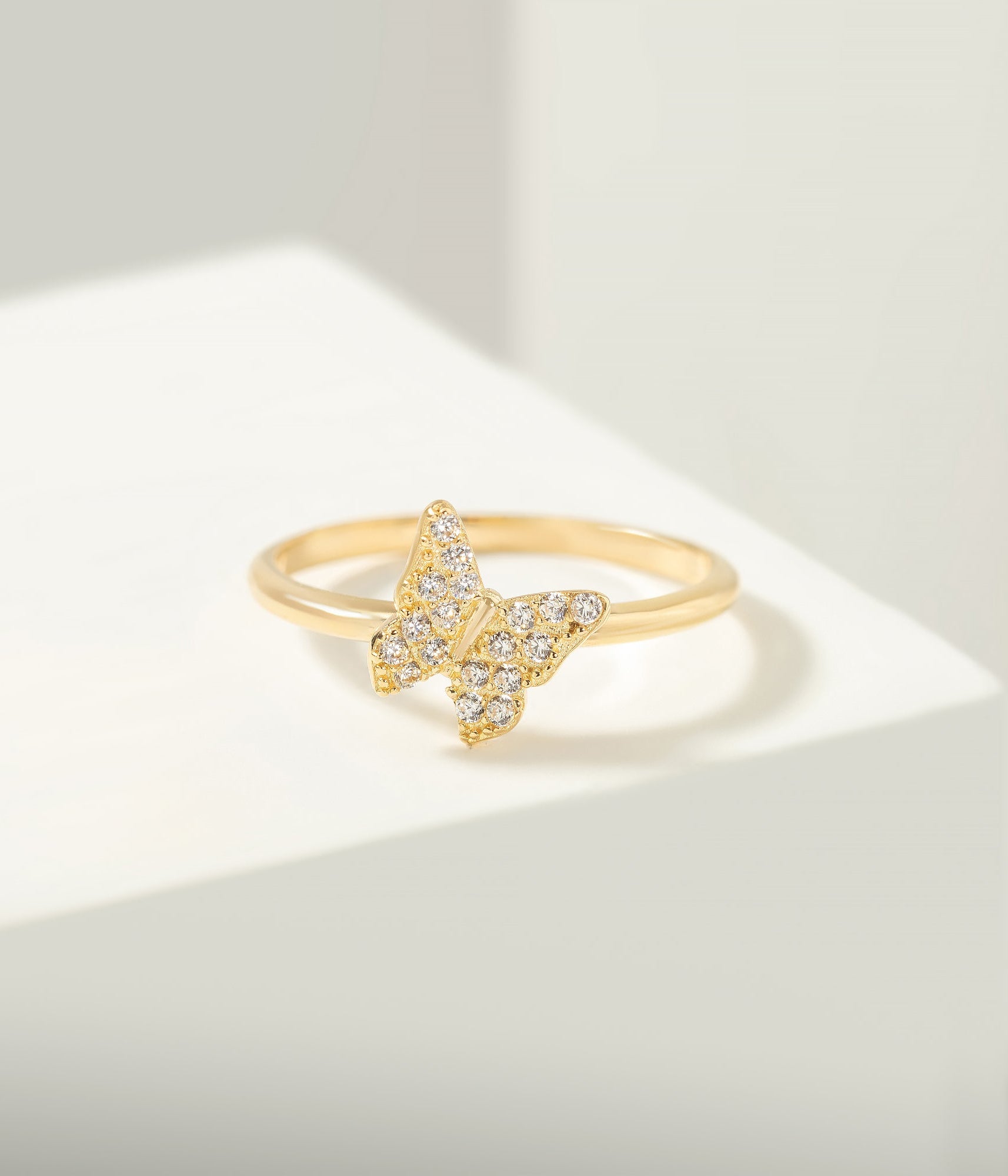 14K Solid Gold Butterfly Ring CZ - Rings