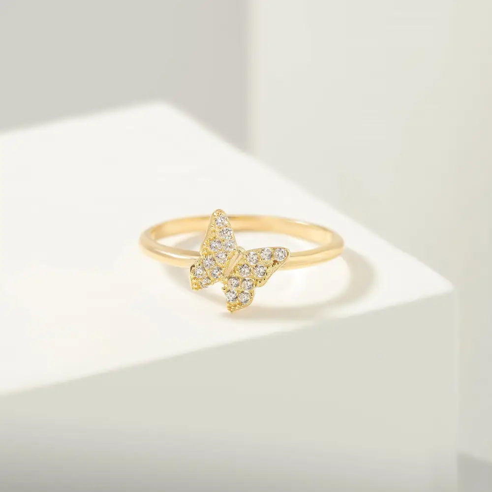 14K Solid Gold Butterfly Ring CZ - Rings