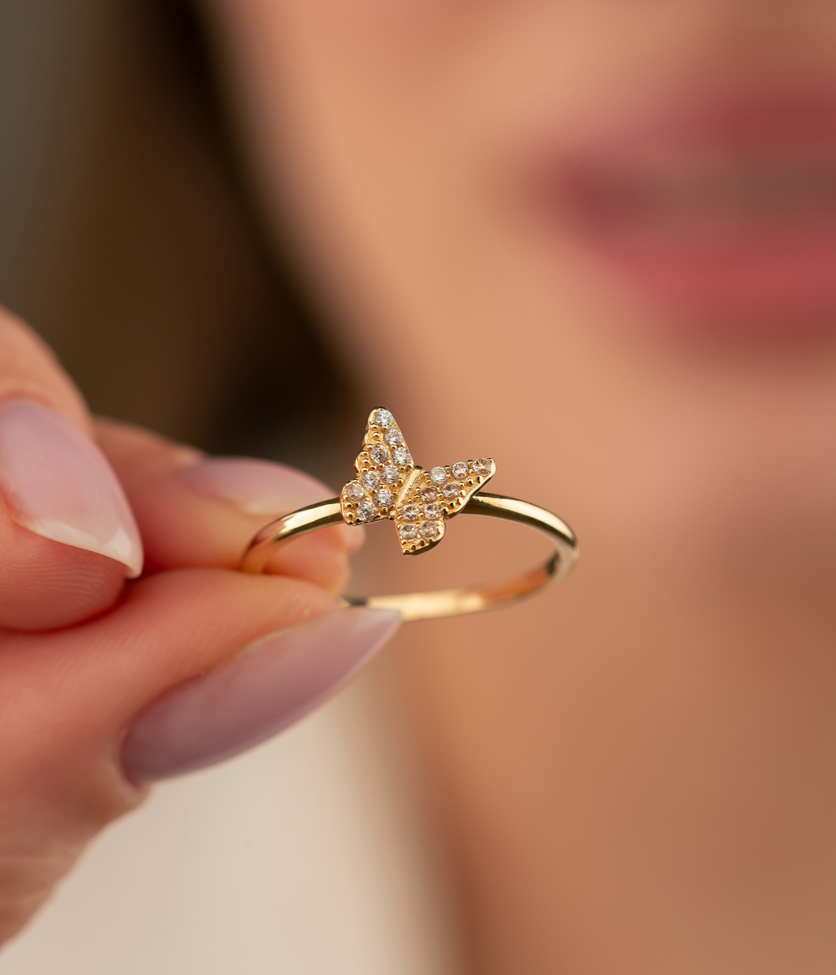 14K Solid Gold Butterfly Ring CZ - Rings