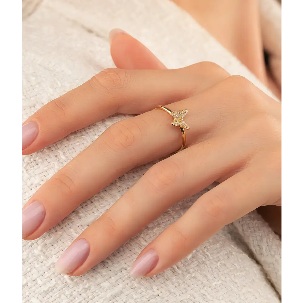 14K Solid Gold Butterfly Ring CZ - Rings