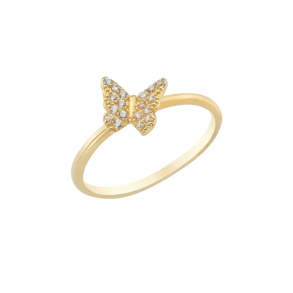 14K Solid Gold Butterfly Ring Pave Cubic Zirconia Stacking Ring for Women
