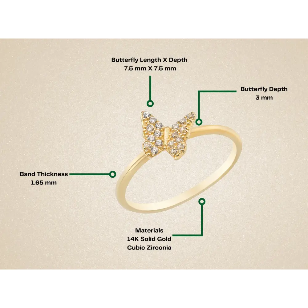 14K Solid Gold Butterfly Ring Pave Cubic Zirconia Stacking Ring for Women