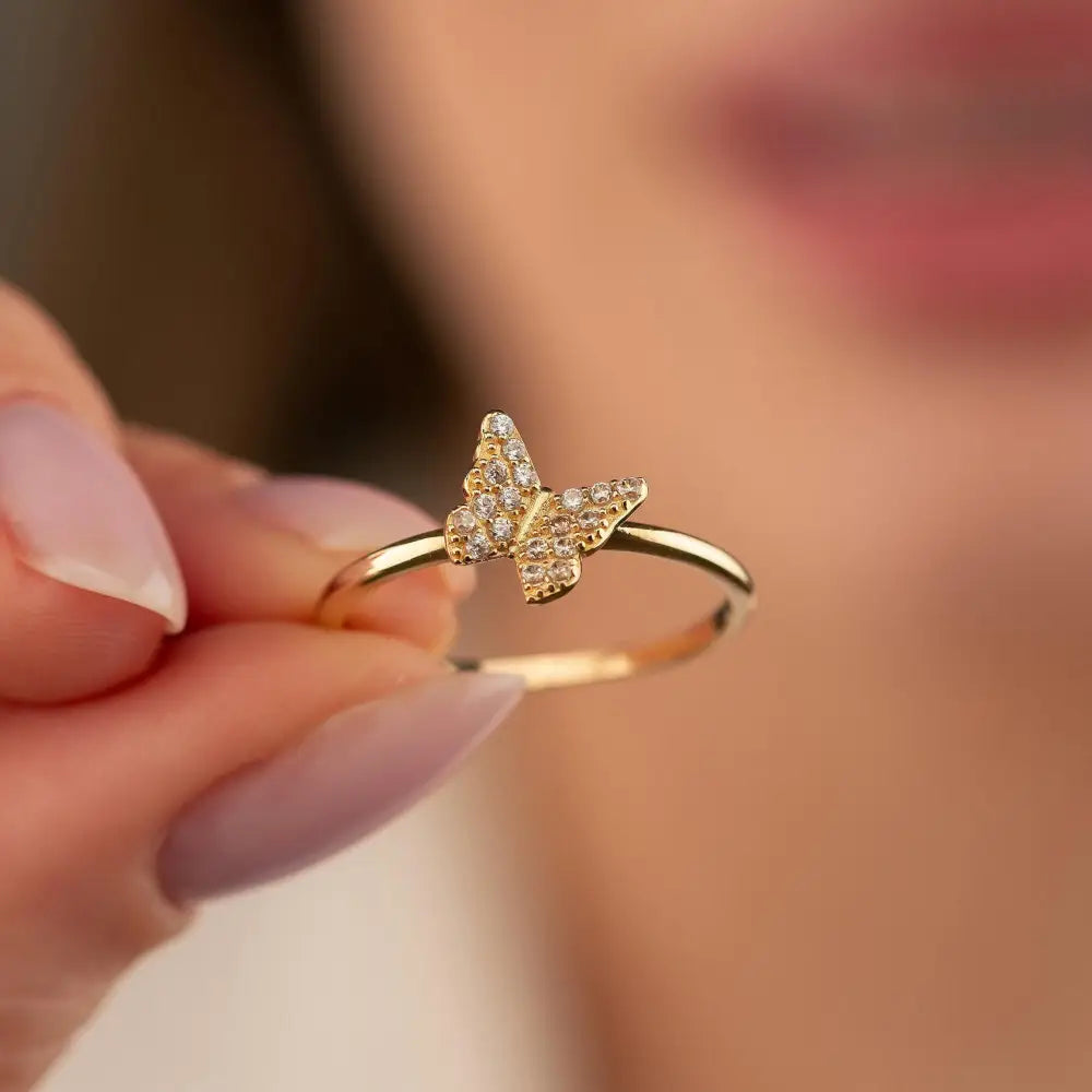 14K Solid Gold Butterfly Ring Pave Cubic Zirconia Stacking Ring for Women
