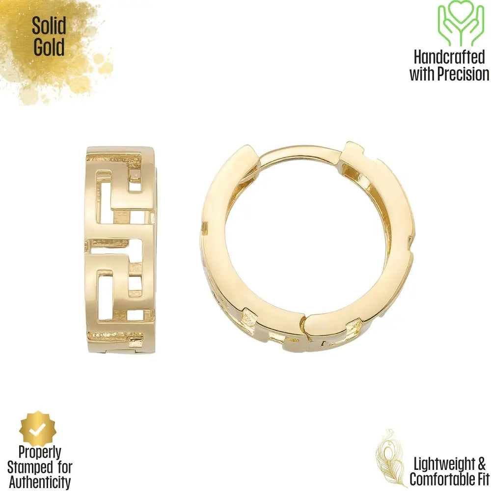 14K Solid Gold Byzantine Greek Key Huggie Hoop Earrings | Wide Meander Pattern Hoops for Women - Hoop Earrings