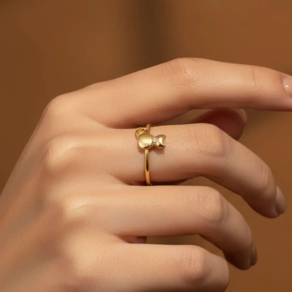 14K Solid Gold Cat Ring Small Simulated Diamond Accent Pet Lover Gift by GoA
