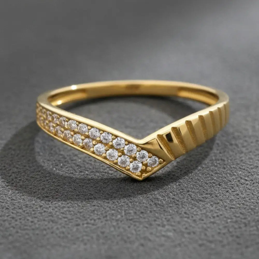 14K Solid Gold Chevron Ring – Curved V Shape Wedding Band with Simulated Diamonds