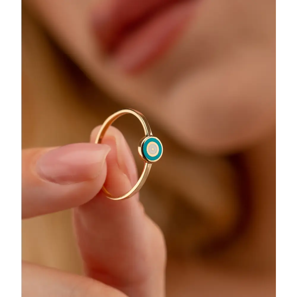 14K Solid Gold Circle Evil Eye Ring Turquoise - Rings