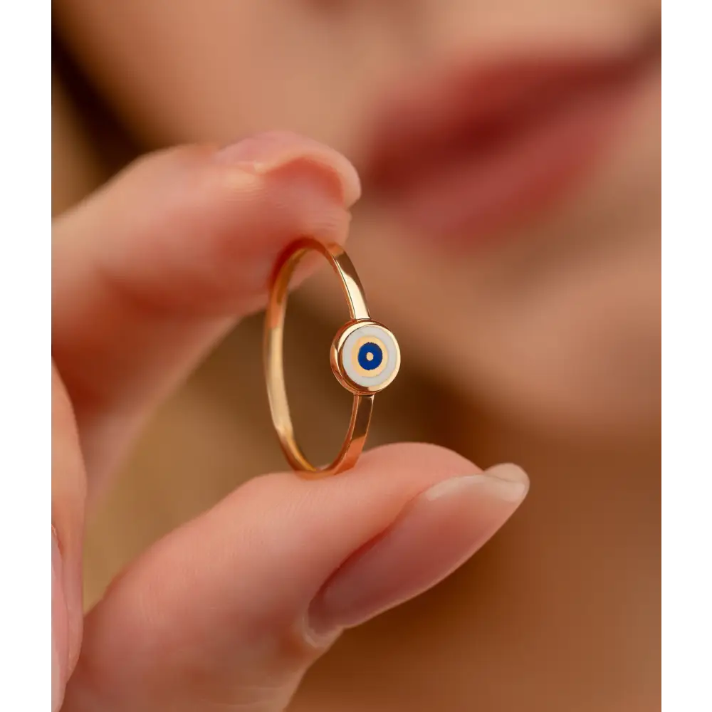 14K Solid Gold Circle Evil Eye Ring White - Rings