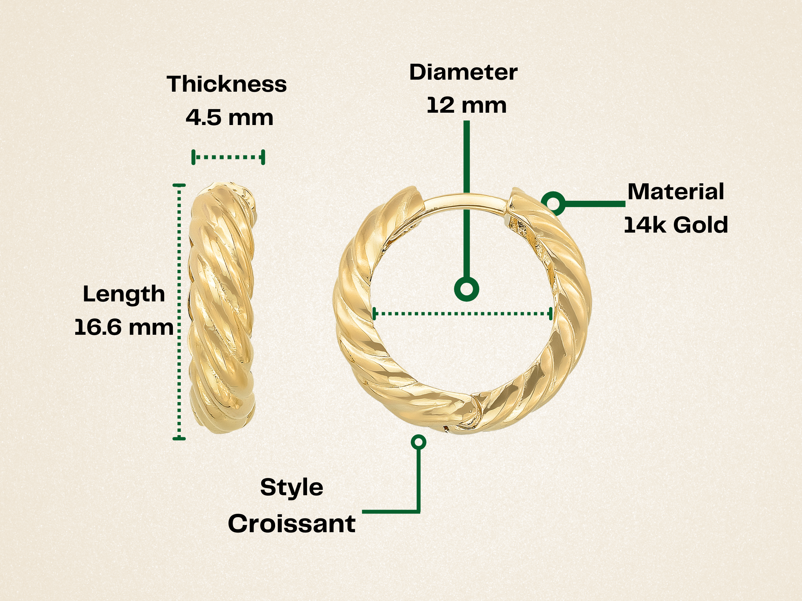 14K Solid Gold Croissant Dome Huggie Earrings | Chunky Ribbed Twist Hoops for Women - Hoop Earrings