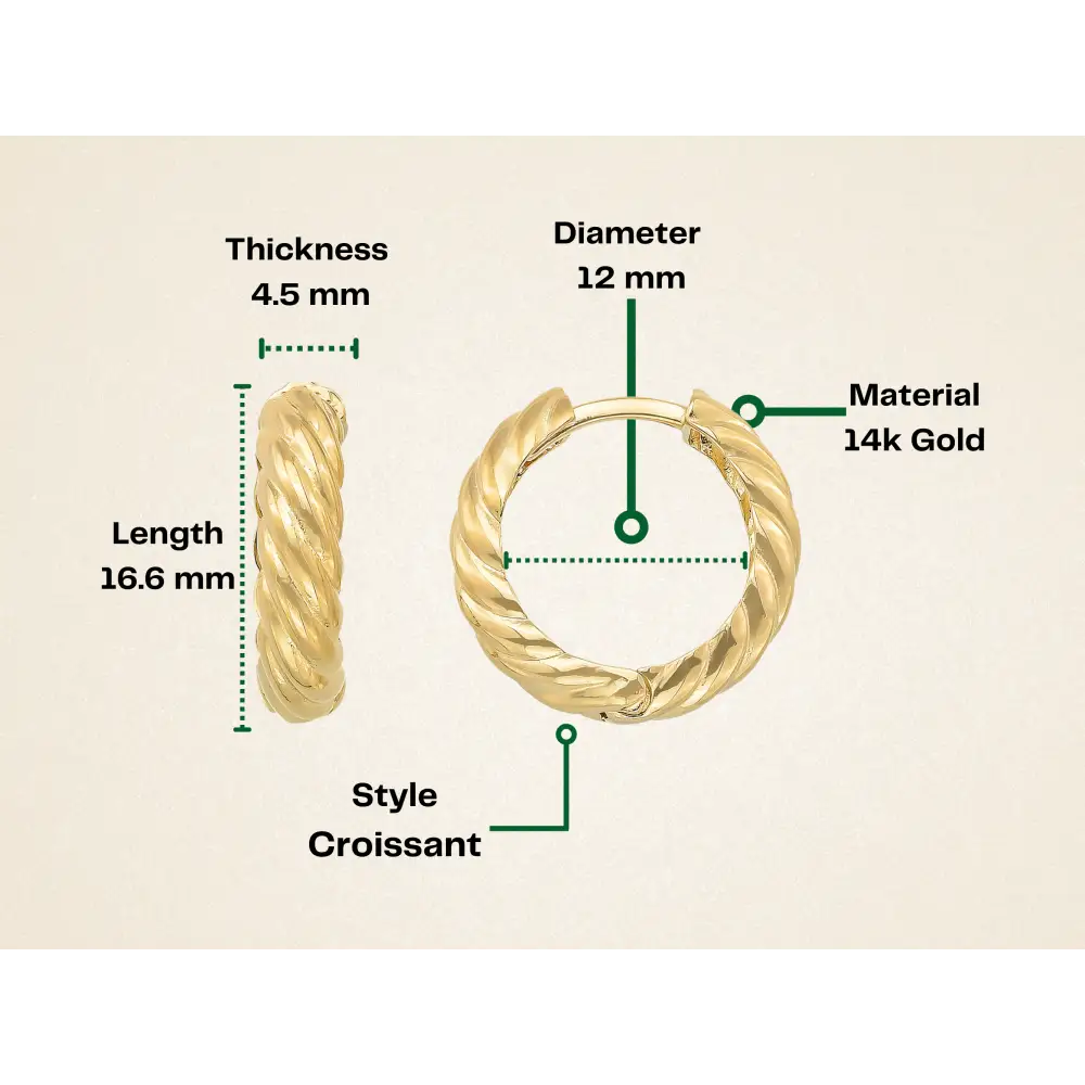 14K Solid Gold Croissant Dome Huggie Earrings | Chunky Ribbed Twist Hoops for Women - Hoop Earrings