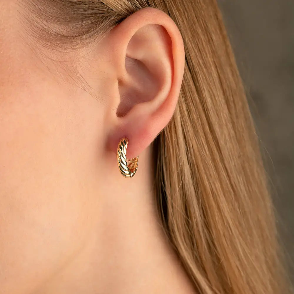 14K Solid Gold Croissant Dome Huggie Earrings | Chunky Ribbed Twist Hoops for Women - Hoop Earrings