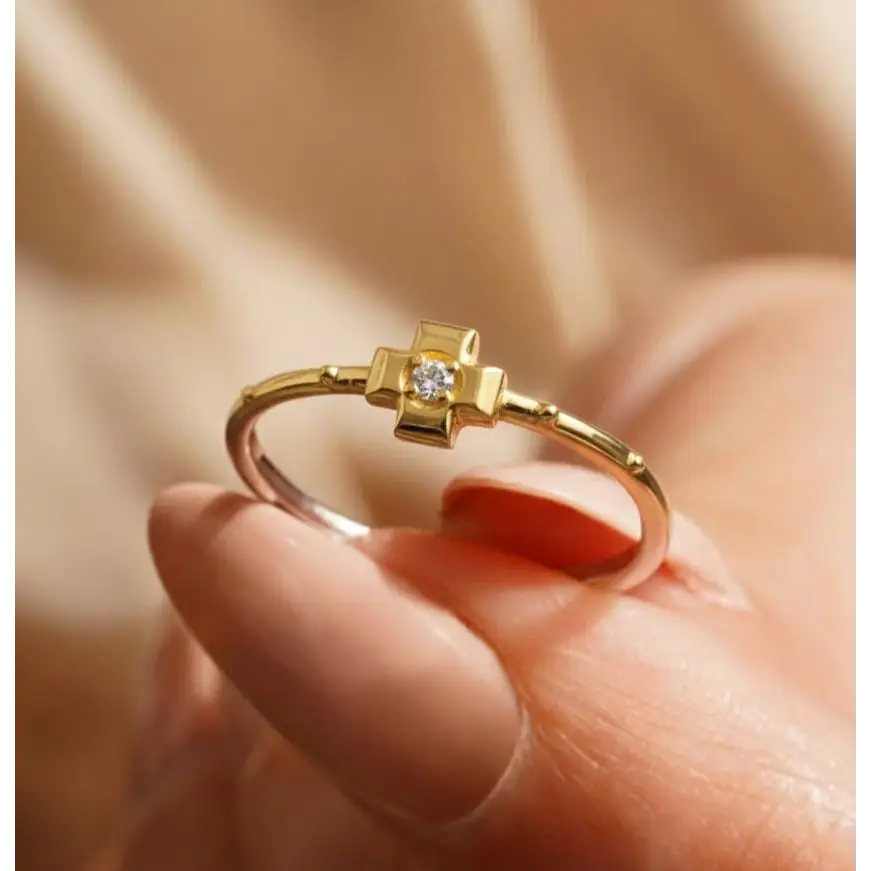 14K Solid Gold Cross Ring with Simulated Diamond – Christian Faith Jewelry Religious