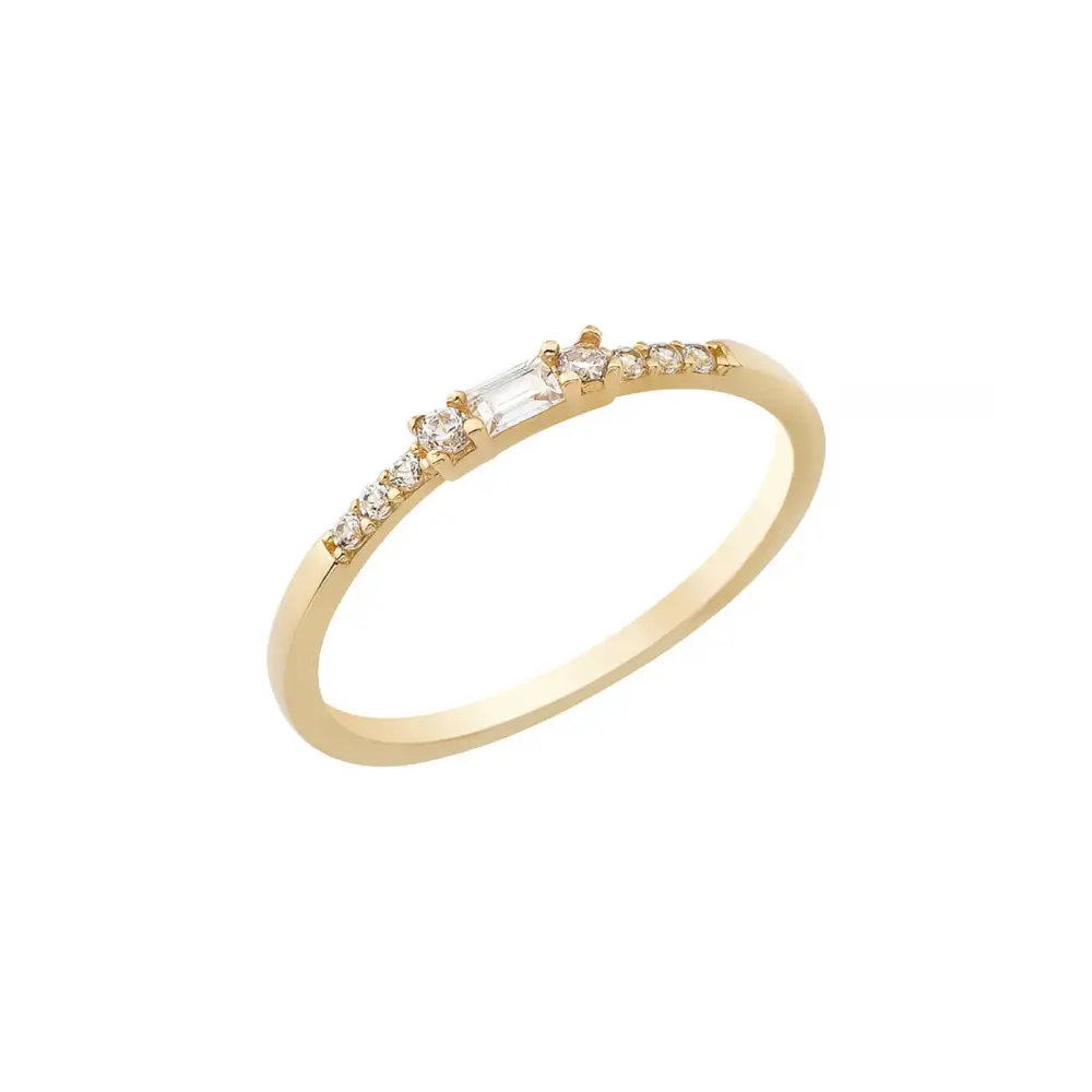 14K Solid Gold CZ Initial Baguette Ring - Rings