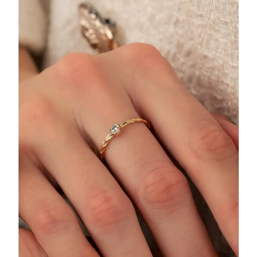 14K Solid Gold CZ Single Stone Braided Ring - Rings