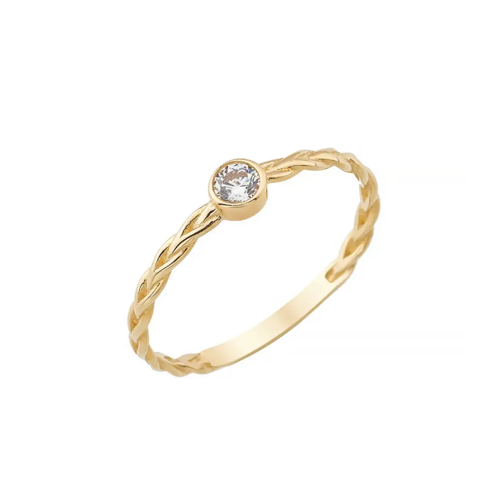 14K Solid Gold CZ Single Stone Braided Ring - Rings