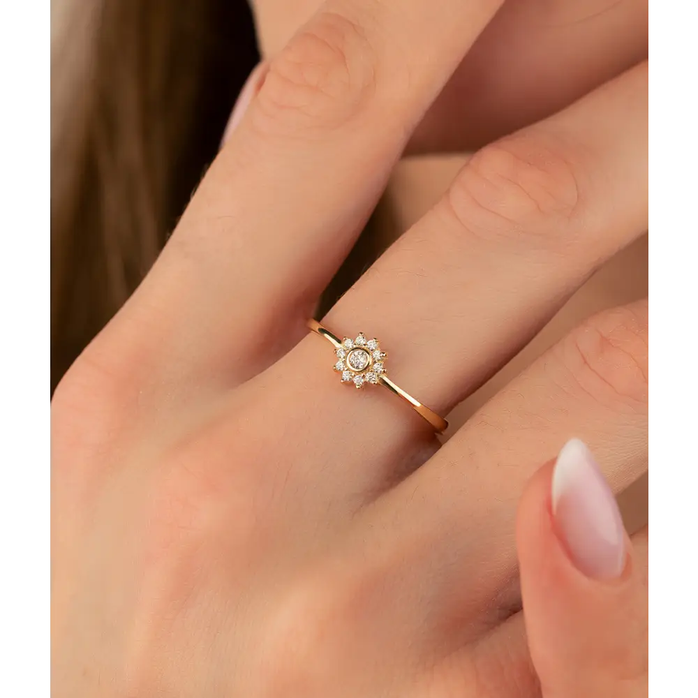 14K Solid Gold Dainty Flower CZ Ring - Rings