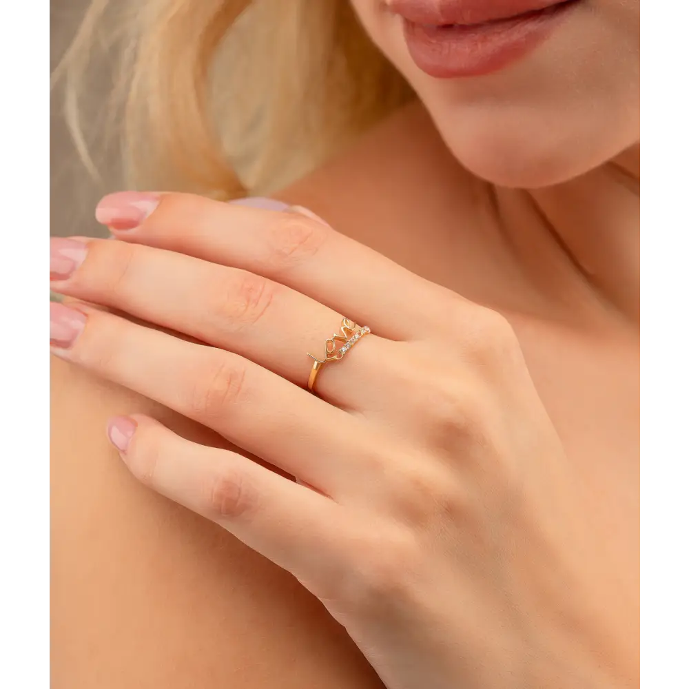 14K Solid Gold Dainty Love Script Ring - Rings