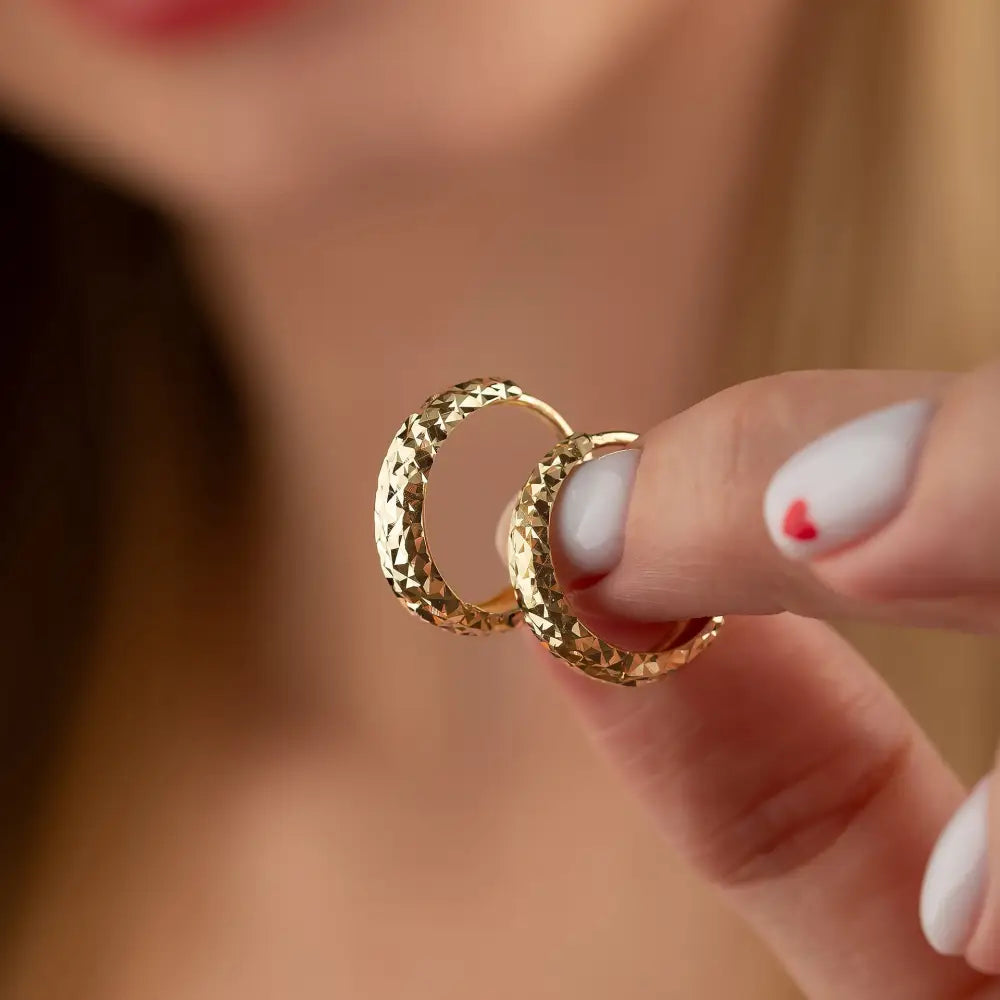 14K Solid Gold Diamond-Cut Dome Huggie Hoop Earrings | Wide Hoops for Women - Hoop Earrings