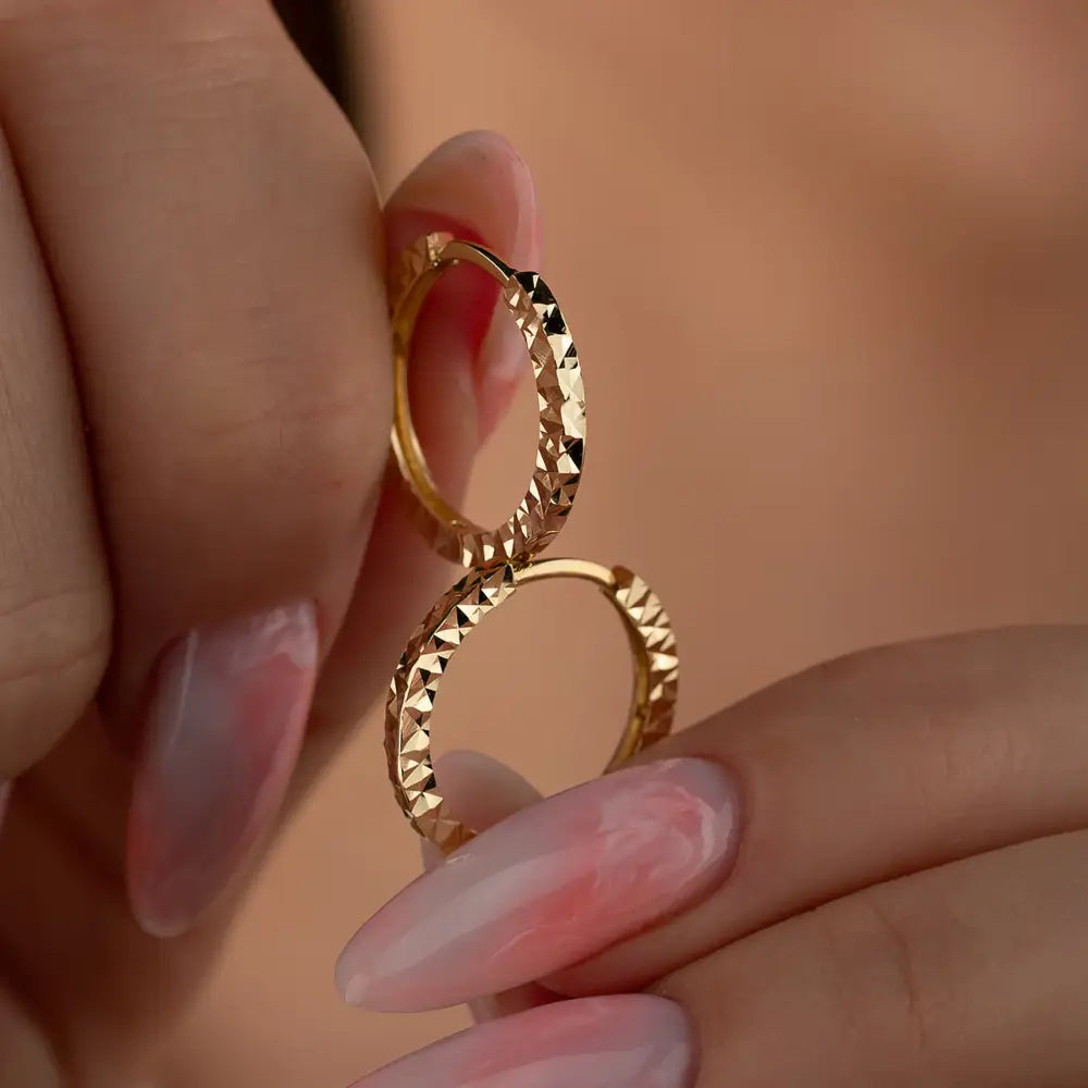 14K Solid Gold Diamond-Cut Huggie Hoop Earrings | 10.8mm & 13.5mm Hoops for Women - Hoop Earrings