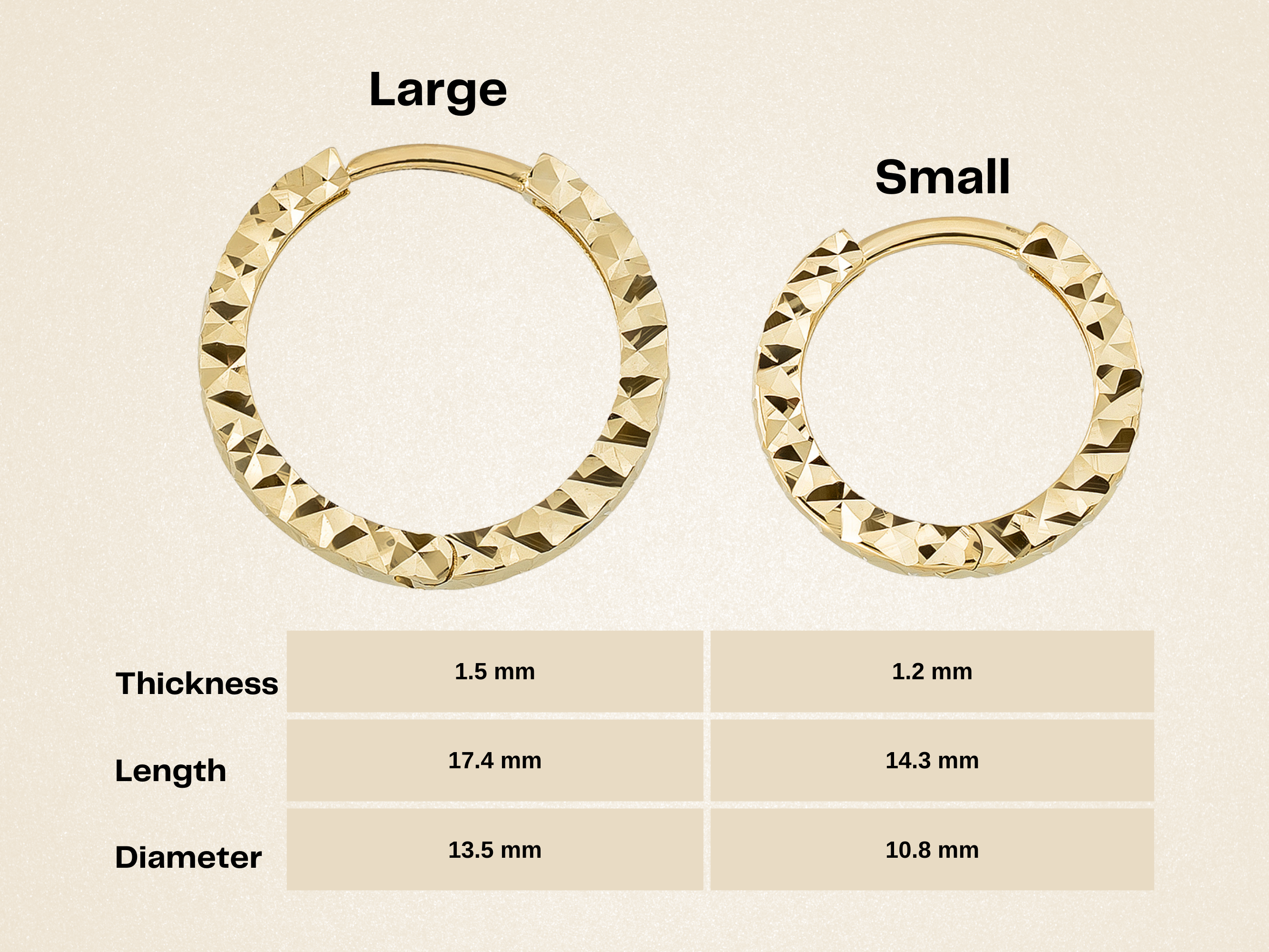 14K Solid Gold Diamond-Cut Huggie Hoop Earrings | 10.8mm & 13.5mm Hoops for Women - Hoop Earrings