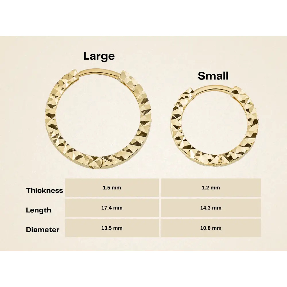 14K Solid Gold Diamond-Cut Huggie Hoop Earrings | 10.8mm & 13.5mm Hoops for Women - Hoop Earrings