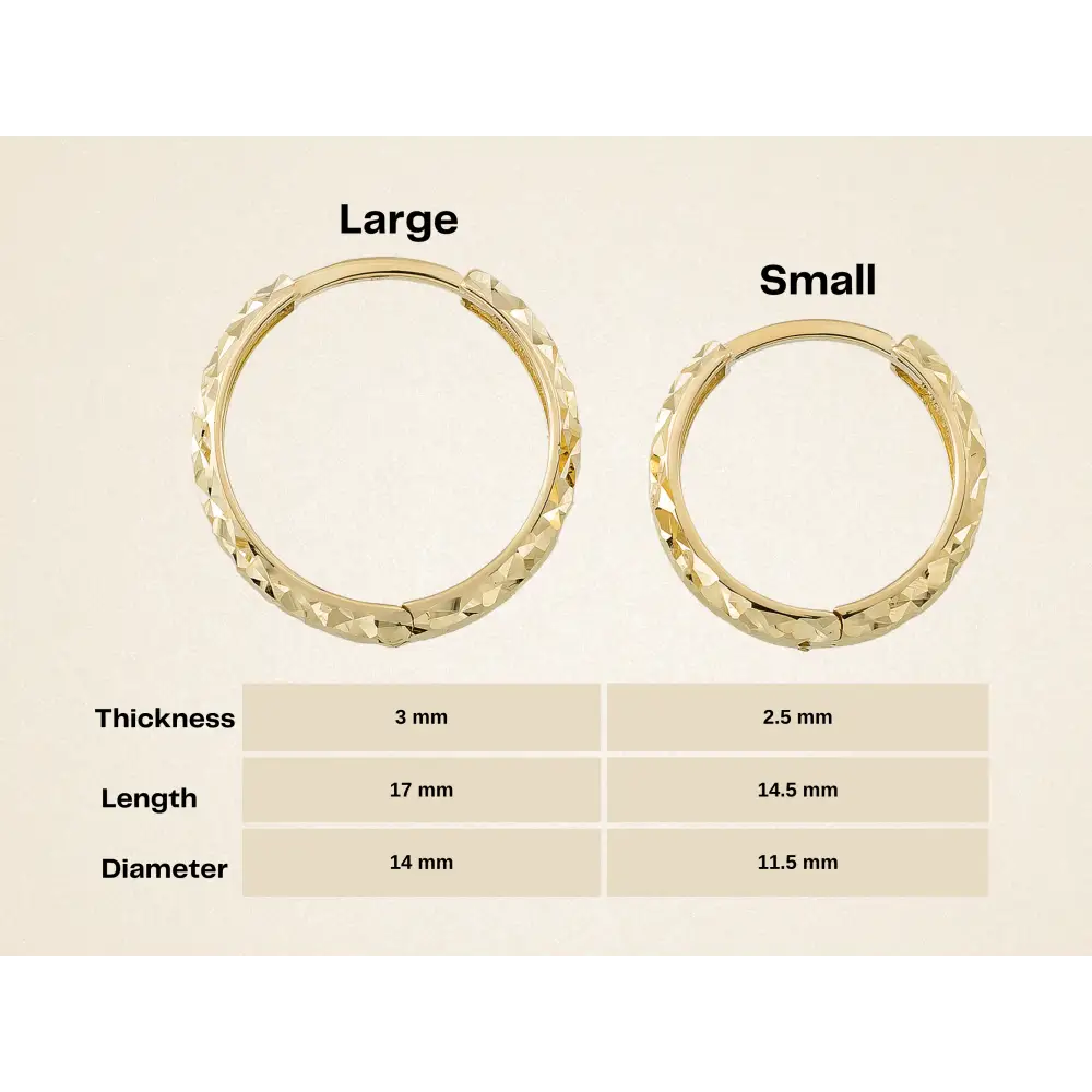 14K Solid Gold Diamond-Cut Huggie Hoop Earrings | 11.5mm & 14mm Everyday Hoops for Women - Hoop Earrings